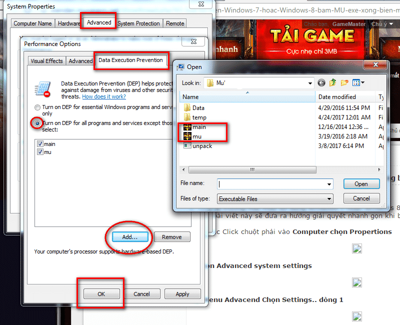 Thêm Main.exe vào danh sách DEP